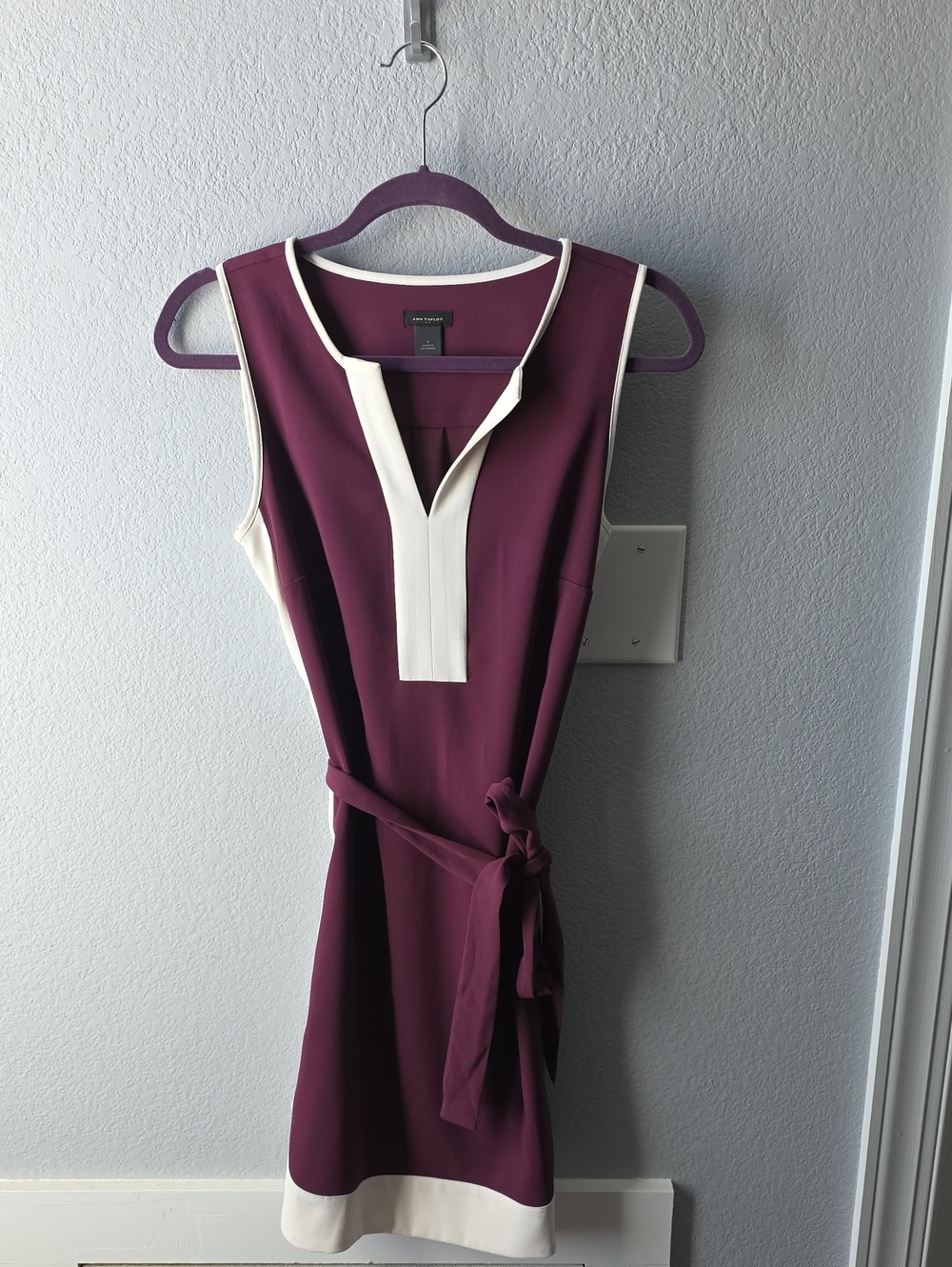Ann Taylor Plum Midi Dress with Cream Trim and Waist Tie